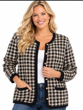 Croft & Barrow Black and Tan Houndstooth Cardigan